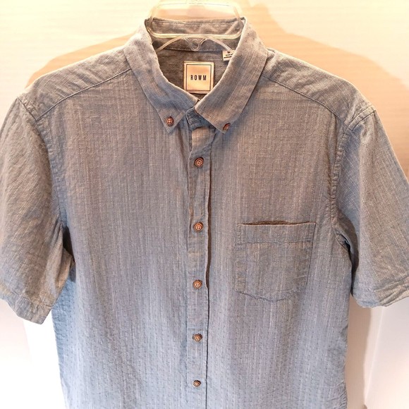 Rowm Shirt Men M Light Blue Button Down Short Sleeve 100% Cotton Lightweight - Picture 2 of 9